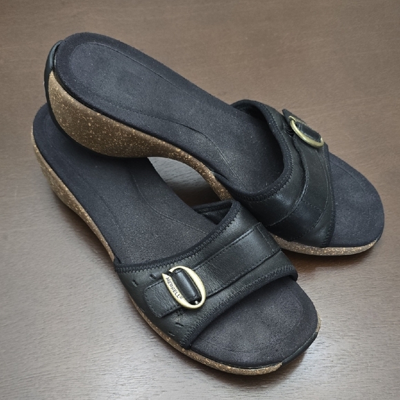 MERRELL Women's 10 Black Slide Sandals with Buckle Cork Heel - Picture 1 of 6